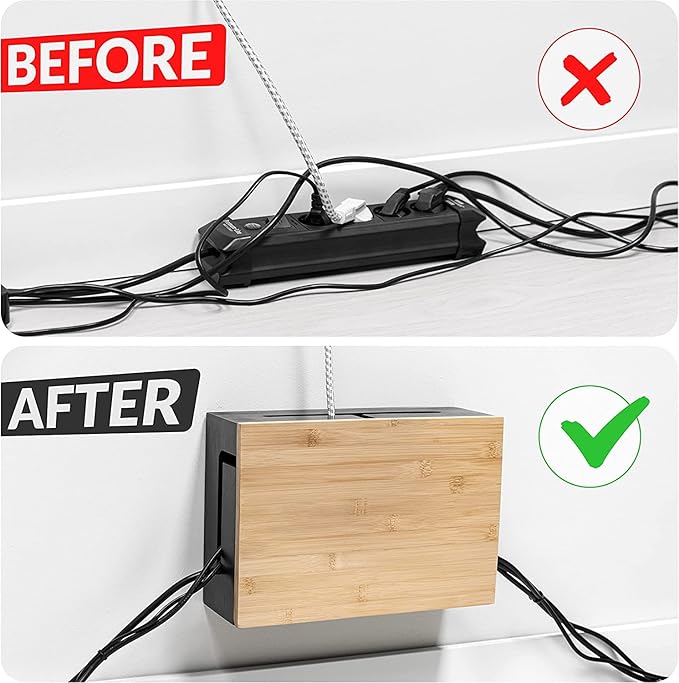 Bamboo Cable Management Box with Magnetic Lid & Ties - Elegant, Durable Cable Organizer to Hide Cords & Power Strip - Wall Mountable Box Hider for Home, Office, Desk & More (White)