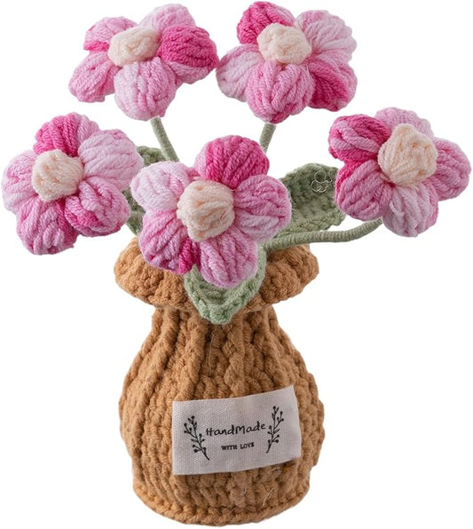 Handmade Crochet Flowers, 6 Inches Small Potted Plants, Knitted Desk Decorations for Home Office Decor (Puff Flower)