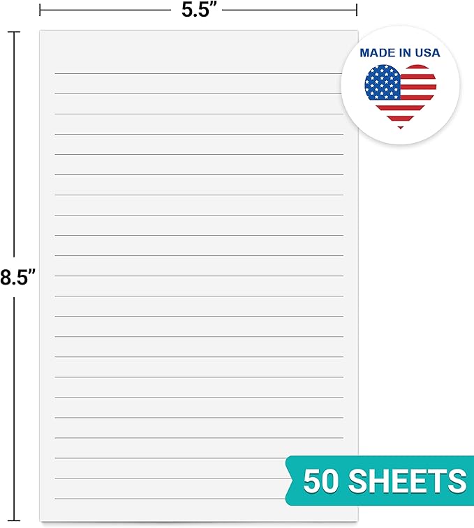 321Done Ruled Notepad Lined Notepad - Made in USA, White - Half Size (5.5x8.5), Wide-Ruled