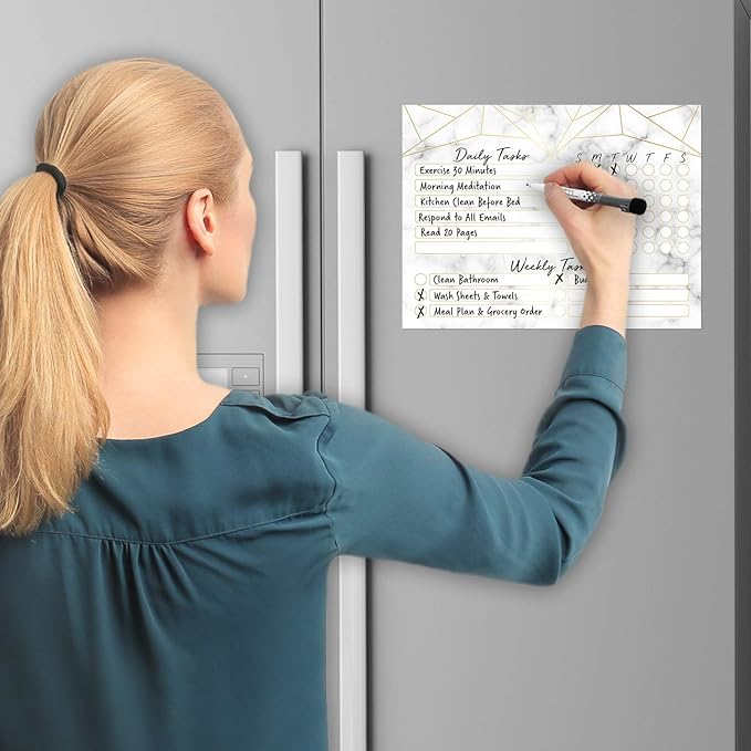 Dry Erase Whiteboard Task Planner | Removable and Restickable Adhesive Decal | Fine-Tip Magnetic Marker Included (9 x 12 inches, Marble)