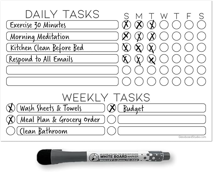 Dry Erase Whiteboard Task Planner by Glassboard Studio | Removable and Restickable Adhesive Decal | Fine-Tip Magnetic Marker Included (6 x 9 inches, White)