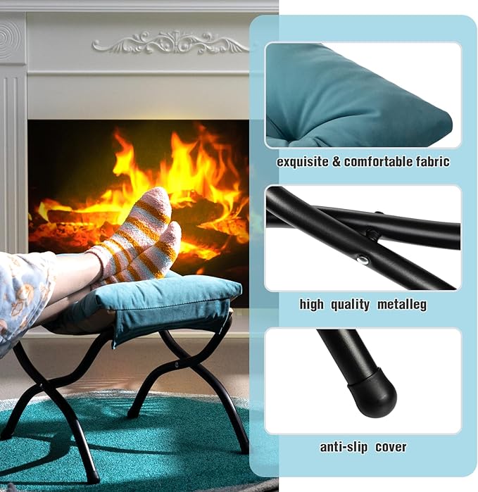 AbocoFur 15"(H) Folding Footrest Stool, Accent Padded Sofa Foot Stool for Lazy Chair, Upholstered Small Foldable Ottoman, Metal Frame Portable Foot Rest Ottoman for Living Room, Bedroom, Lake Blue