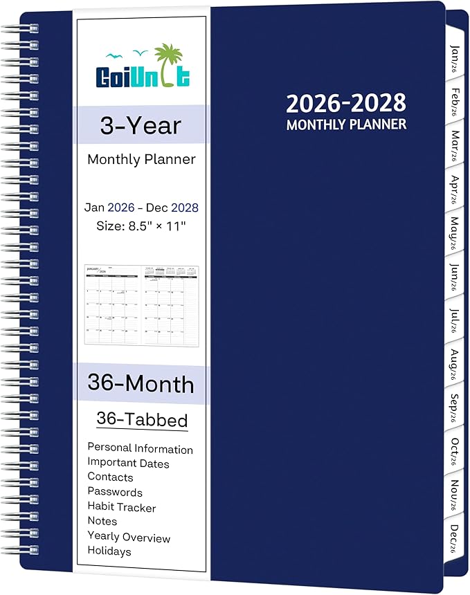 Monthly Planner 2026-2028, 36 Months Calendar Planner 2026-2028 from Jan 2026 – Dec 2028, 8.5'' x 11'' with Ruled Spread, Flexible Cover, Spiral Wirebound, Pocket, Coated Tabs, Notes ＆ Habit Tracker