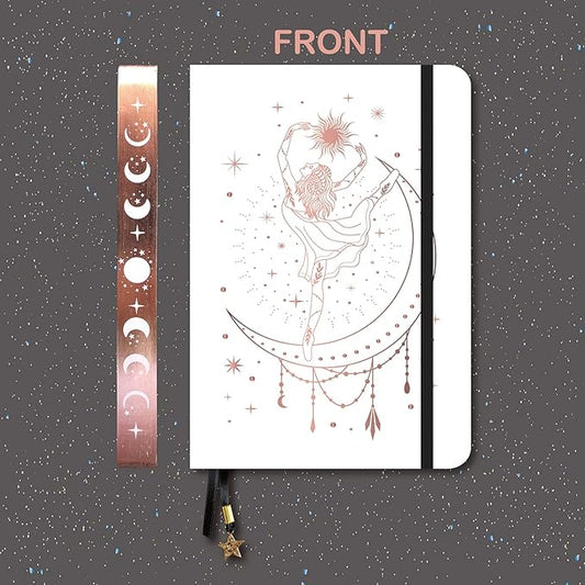 BUKE Medium A5 Hardcover Notebook Dotted Journal - 180Gsm Thick Bamboo Paper - 160 Dot Grid Pages 5x5 MM - White Color Faux PU Leather Cover - Rose Gold Edge And Moons (A5, White)