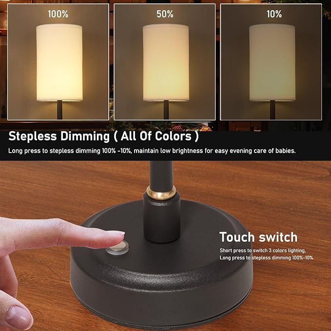 Set of 2 Small Touch Nightstand Lamp Rechargeable Battery Operated Cordless LED Table Lamp, Portable 3 Colors Stepless Dimmable Fabric Desk Light for Restaurant/Bedroom/Outdoor (White+Black)
