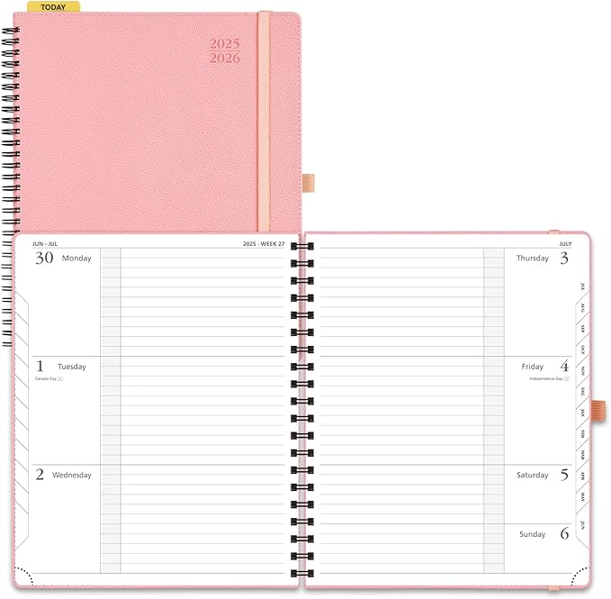 POPRUN Planner 2025-2026, Horizontal Weekly Notebook Jul.25-Jun.26 (Large 8.5''x 10.5''), Academic Calendar Book with Monthly Tabs, Spiral Soft Cover, Inner Pocket, 100 GSM - Soft Pink