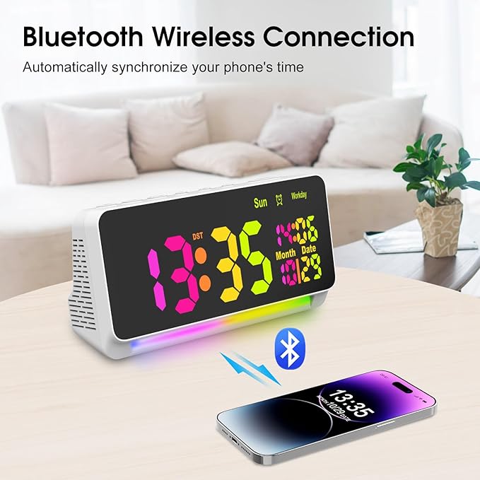 120db Super Loud Alarm Clock for Heavy Sleepers, Bluetooth Connection, 15 Wake Up Sounds, 7 Color Night Light, Dynamic RGB Color Changing, 0-100% Dimmer, Snooze, Digital Clock for Bedroom