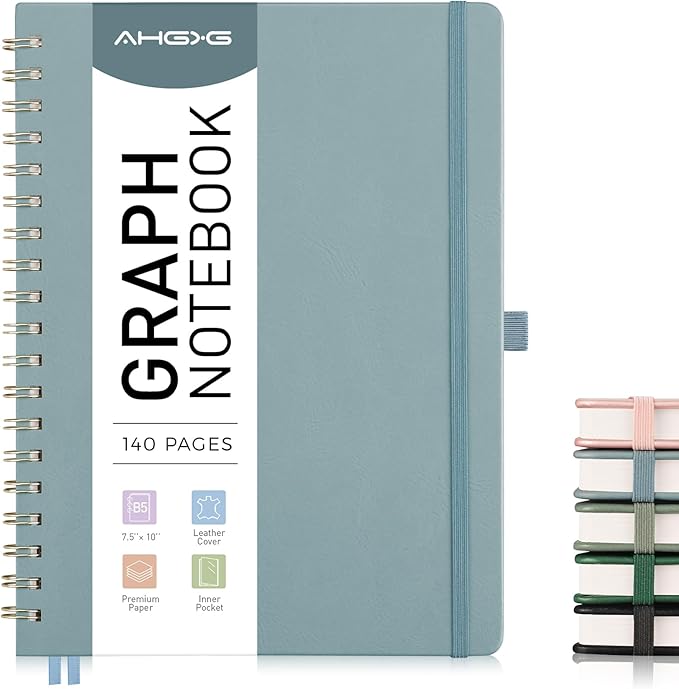 AHGXG Graph Paper Notebook - Spiral Notebook Hardcover Leather Journal 140 Pages, B5 Large Grid Notebook 7.6" x 10", 100 gsm Thick Paper, for School Writing Graphing Engineering Math, GrayBlue