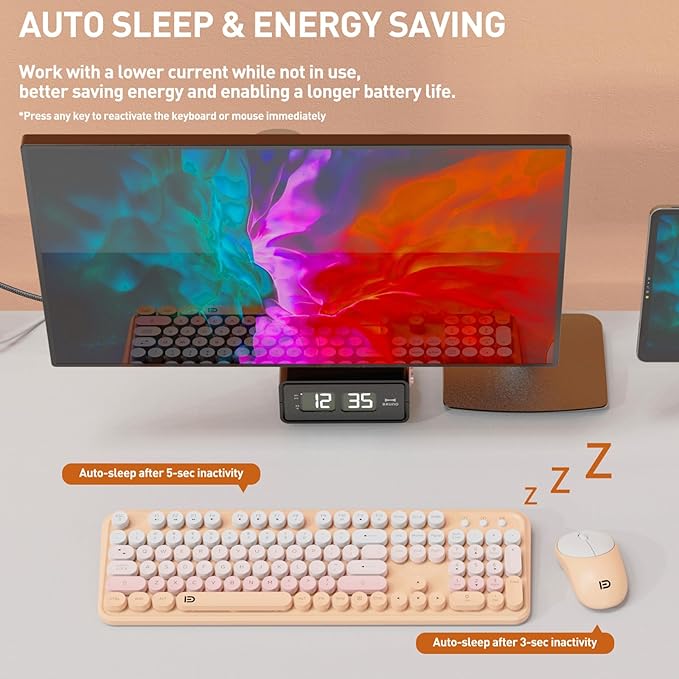 Keyboard and Mouse Wireless,2.4Ghz Retro Typewriter Style Round Keycap,Full Size Wireless Keyboard Mouse Combo,Cute Cordless Keyboard Mouse Set for PC Laptop Desktop Computer-Pink Orange Colorful