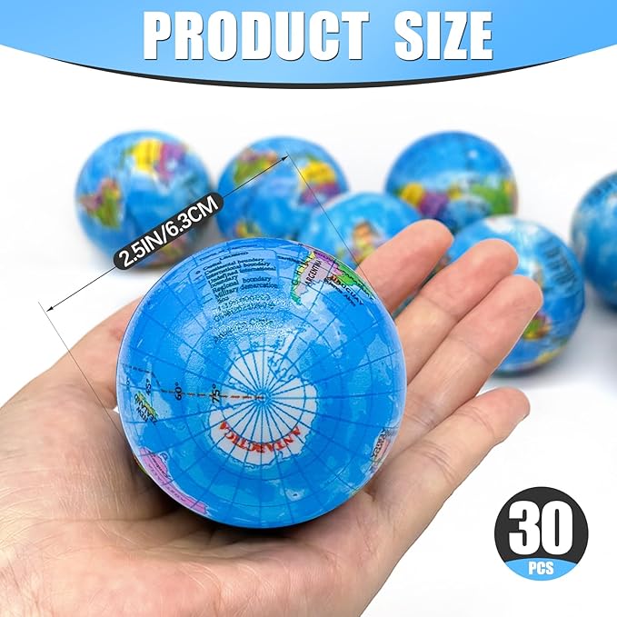 30PCS Globe Stress Ball,2.5Inch Earth Bouncy Ball, Foam Squeeze Balls,Earth Stress Balls Toy for Finger Toy School Supplies Adult Kids Children Party Favors Exchange Gifts