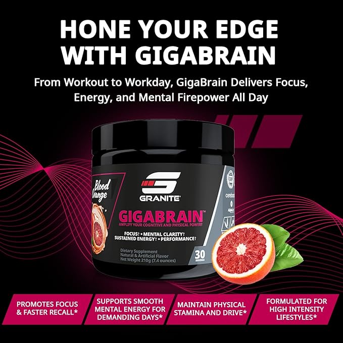 Granite Nutrition GigaBrain Nootropic Energy Powder – Cereboost, Alpha-GPC & ElevATP – Cognitive Focus Supplement for Sustained Energy & Performance – Blood Orange, 30 Servings