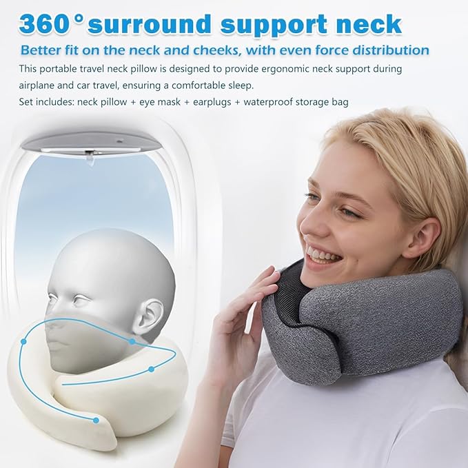 Travel Neck Pillow for Airplane, Adults Memory Foam Travel Neck Pillow, Ergonomic 360° Neck Support for Airplane Car Home Office Sleep, Small Packable Compact Portable Adults Turtle Pillow (Grey)