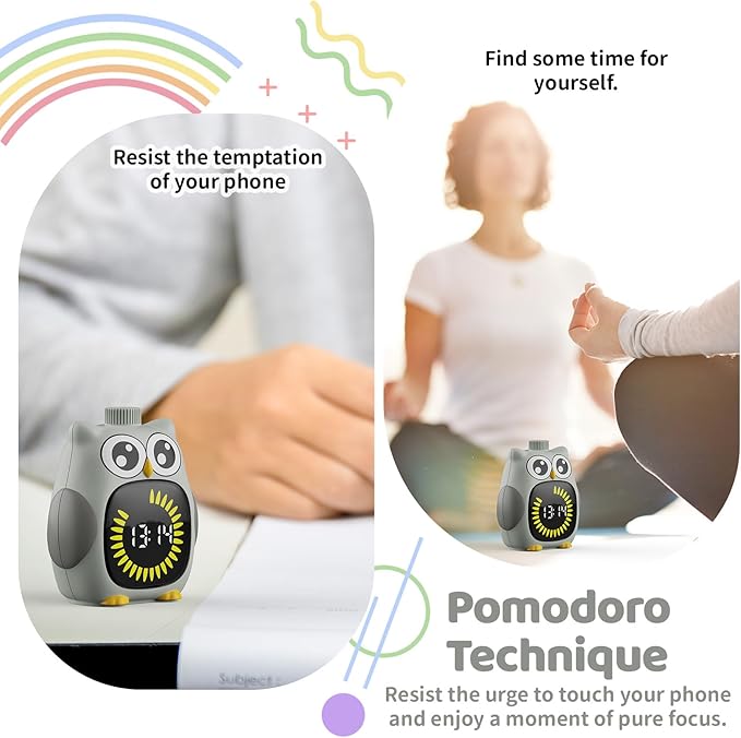 Grey Big-Eyed Owl Visual Timer for Kids,Classroom Timer, Time Out Timer,Up to 99Minutes Small Visual Timer,for Yoga,for Kitchen