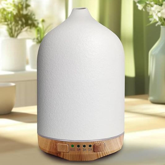 Ceramic Diffusers, Stone Essential Oil Diffuser, Ultrasonic Aromatherapy Diffusers for Home Auto Shut-Off, Wood Grain Base 250ML White