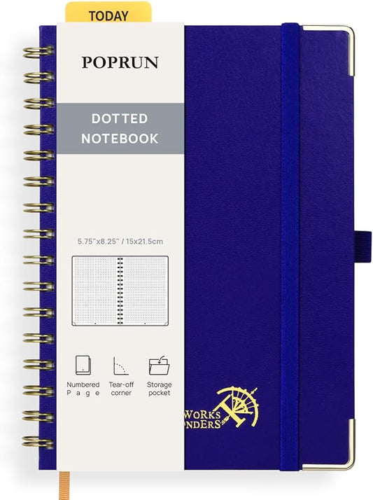 POPRUN Spiral Dotted Journal Notebook, [A5-5.75'' x 8.25''] - 120 GSM Thick Paper, 141 Numbered Pages, Hardcover for Men & Women with Pocket, Index Tabs, 8 Perforated Sheets, Royal Blue