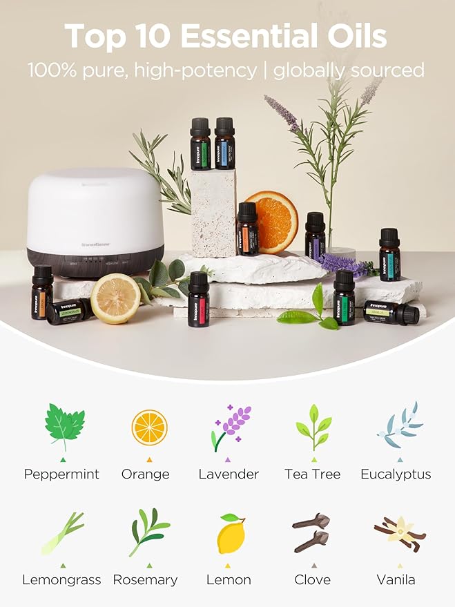 InnoGear Aromatherapy Diffuser & 10 Essential Oils Set, 500ml Essential Oil Diffuser with Remote Control Ultrasonic Cool Mist Scent Humidifier Vaporizer Auto-Off Timer for Room Office Home, Brown