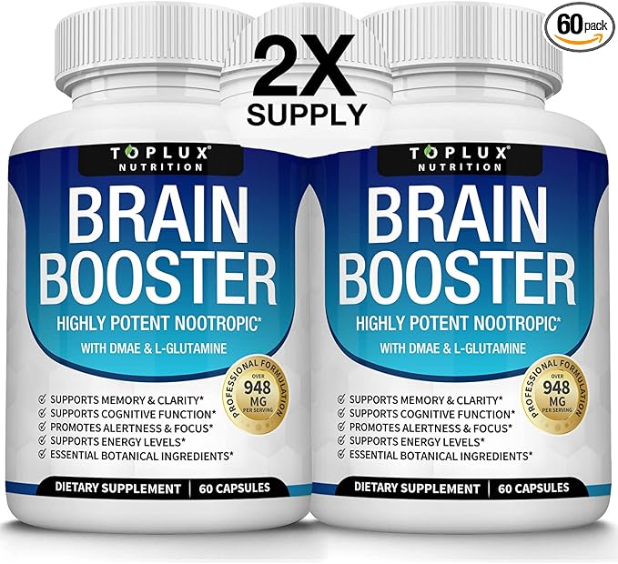 Toplux Brain Supplement Nootropic – Brain Pills Vitamin with DMAE, Bacopa Monnieri, L-Gutamine, for Men Women, 60 Capsules, Nutrition