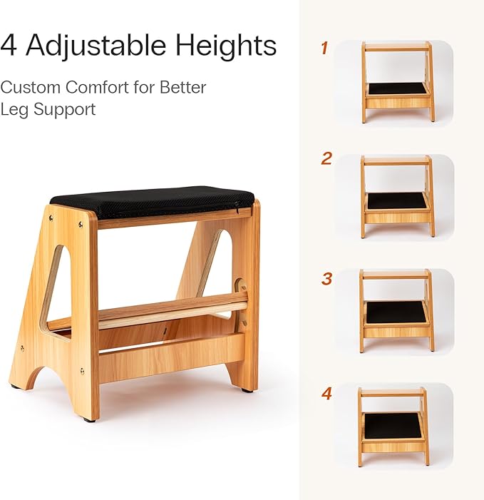 StrongTek Double Step Footrest, Adjustable Wooden Foot Stool with 4 Height Levels, Cushioned Top & Non-Slip Base, Ergonomic Under Desk Leg Rest for Office Home