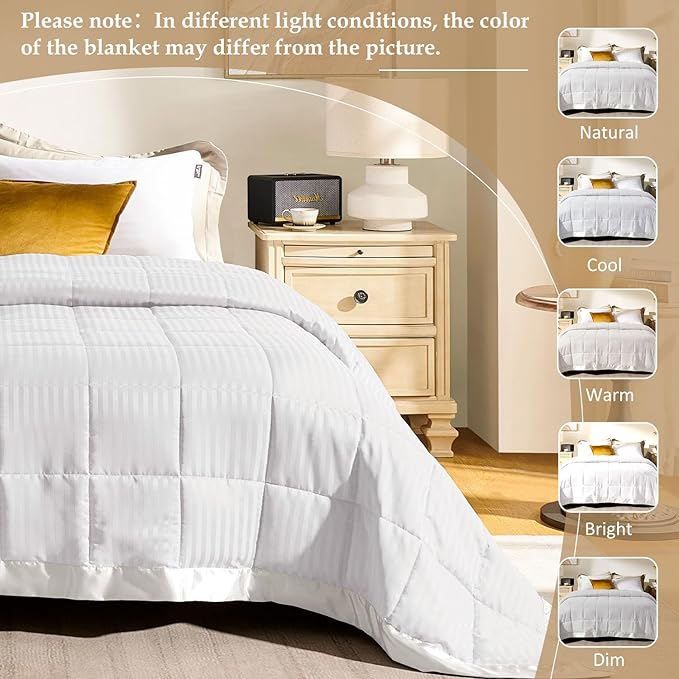 downluxe Queen Size Blanket with Satin Trim, Lightweight Down Alternative Blankets Queen Size for All Season, Machine Washable (Ivory, 90x90 Inch)
