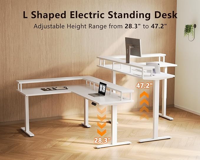 AODK Electric L Shaped Standing Desk, 59 Inch Height Adjustable Stand Up Desk with Power Outlets ＆ Full Monitor Stand, Reversible Corner Desk for Home Office ＆ Computer Workstation, White