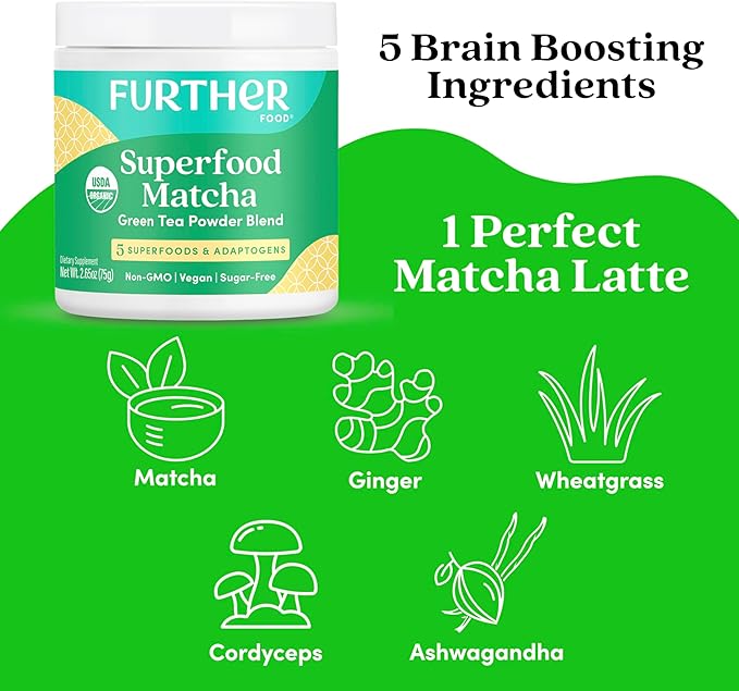Further Food Premium Matcha Green Tea Powder USDA Organic Japanese Matcha Powder, Natural Energy + Focus + Boost Immune System, Antioxidant Plant-Based Detox Superfood (30 Servings)