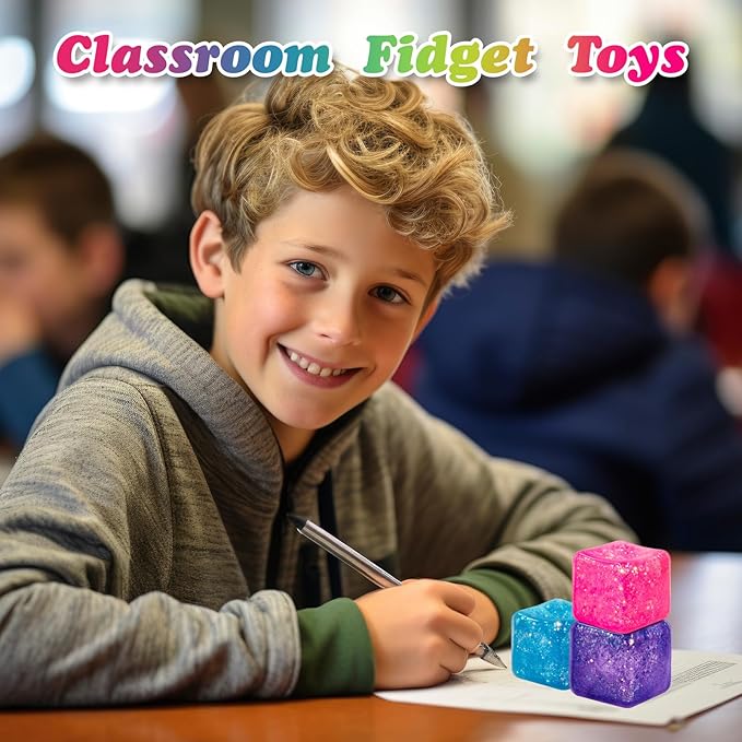 3Pack Slow Rise Glitter Squishy Cube Square Ice Cube Malt Sugar Stress Balls for Adults&Kids, Nice Stress Cube, Sensory Fidget Toys for Mellow and Chill, Classroom Treasure Box(Purple/Pink/Blue)