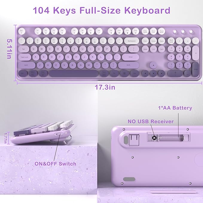 Colorful Wireless Keyboard and Mouse Combo, COVEVA 2.4GHz Wireless Retro Cute Round Keycaps Keyboard, 104 Keys Full-Sized Keyboard Mouse Set with Switch Button for PC Laptop Desktop (Purple Gradient)