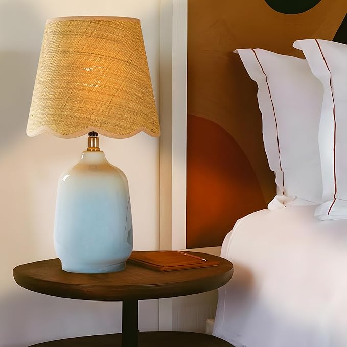 Pia Ricco 19" Modern Ceramic Table Lamp for Living Room Light Bule Base Desk Lamps for Bedroom Farmhouse Bedside Nightstand Lamp End Table Lamps,Bule,Rattan Shade