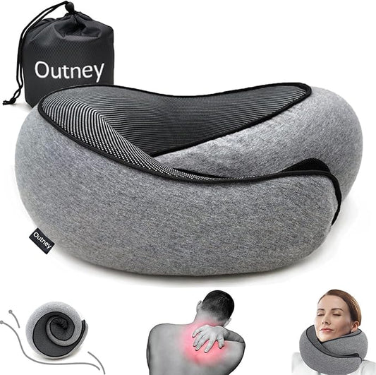 Outney™ Travel Pillow for Airplanes 2025 Veritable Chin Support Travel Neck Pillow 100% Pure Memory Foam Full Neck Surround Pillows for Traveling Flight Sleeping Portable Travel Essentials (Grey)
