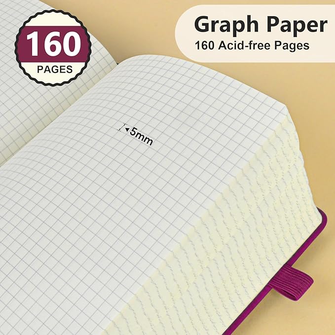PERCUN Graph Paper Notebook, 160 Pages Grid Journal for women & men, A5 Hardcover Leather Graphing Notebook for School, Work, Travel, Note Taking 5.9”x8.5” (Burgundy)