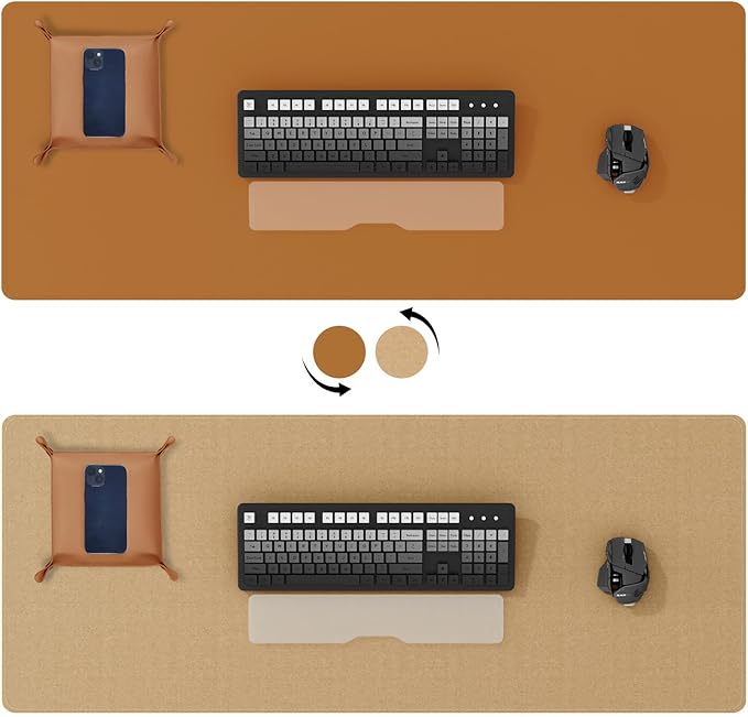 DAWNTREES Dual Sided Desk Mat,Brown Leather Desk Pad,47.2''x23.6'',Cork Desk Mat Protector,120x60cm Extra Large Mouse Pad,with PU Leather Valet Tray Organizer,Desk Writing Pad for Office and Home
