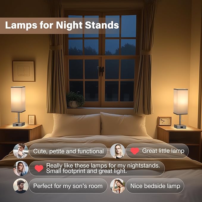 Grey Bedside Table Lamps for Bedroom Set of 2 - Small Rectangular Nightstand Lamp with AC Outlet Charging Port, 3 Color Temperatures Light, Tabletop Reading Lamp for Living Room/Dorm/Office