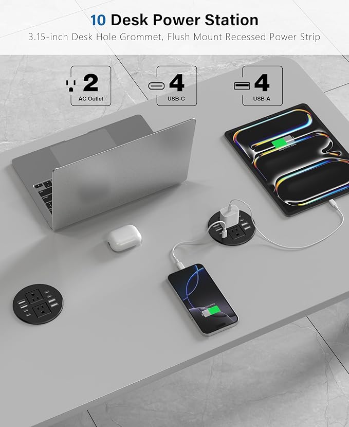 Jgstkcity Power Strip,Desktop Recessed Power Grommet,40W Total USB C Fast Charging,3.15-Inch Hole, 4 Outlets & 8 Ports, Ideal for Desktop & Countertop Flush Mount Outlet