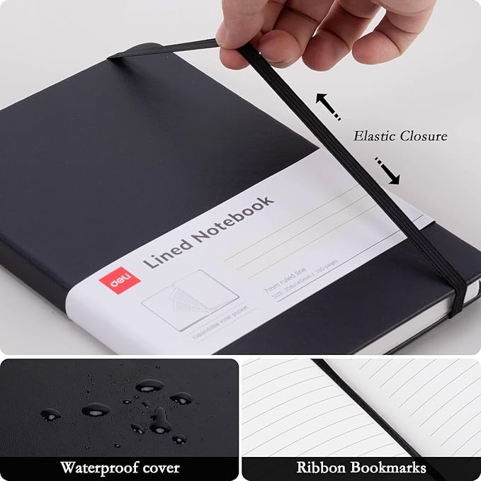 deli 6-Pack Black Lined Journal Notebook, 160 Pages Hardcover Writing Notebook, A5 (5.5"x8.2") College Ruled Notebook for Office, School, Work Notes