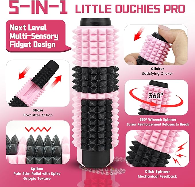Little Ouchies Spiky Sensory Fidget Toy for Adults – Pain Stim Tool with Clicker, Spinner, Slider, Roller & Spiky Grip | 5‑in‑1 Stress & Anxiety Relief, Portable Keychain(Black & Pink)