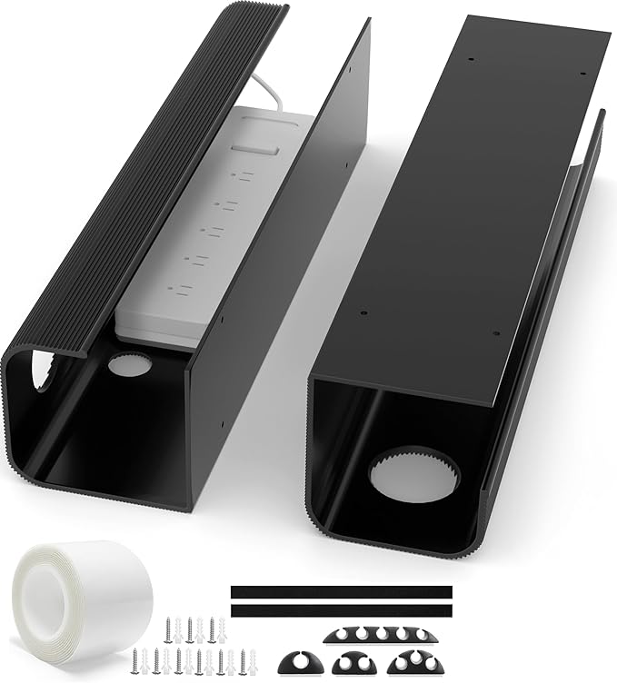 ZhiYo 2 Pack Large Capacity Cable Management Tray 31.5in (2xL15.7in), Thick PVC Under Desk Cable Tray Kit with 4 Cable Clips & 5 Ties, Standing Cord Management Desk Organizer for Office or Home, Black