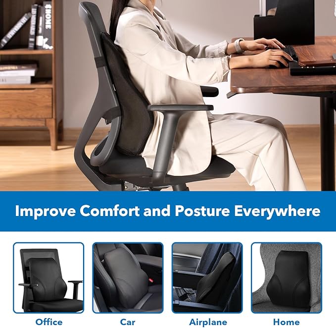 Mount-It! Office Chair Cushion, Lumbar Support Pillow for Office Chair, Back Support Pillow for Desk Chair, Gaming, Home or Car with Memory Foam Filling, Relief Back Pain Improve Posture, Black Large