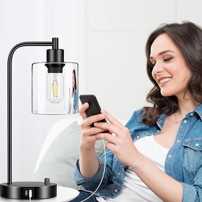 Industrial Table Lamp with 2 USB Charging Ports, Fully Stepless Dimmable Modern Nightstand Lamp, Glass Shade Bedside Desk Lamp for Bedroom Living Room Office, 8W 2700K LED Edison Bulb Included