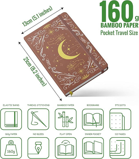 BUKE A5 Dotted Journal – 160gsm Ultra Bamboo Paper, Moon & Star Foil Cover, Flat Lay Notebook with Gift Box – 160 Pages, 5mm Dot Grid, Faux Leather Hardcover (Brown)