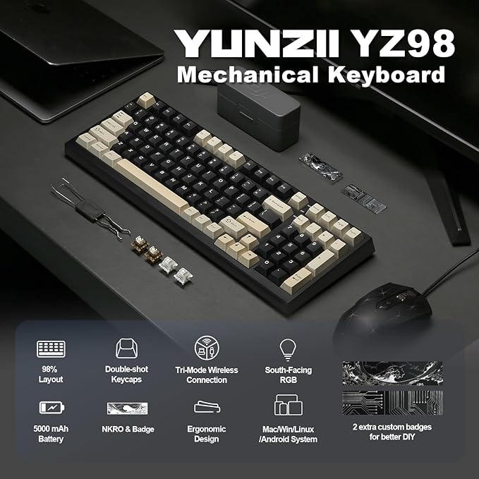 YUNZII YZ98 Gasket Mechanical Keyboard,99 Key Hot Swappable BT5.0/2.4G/USB-C Wireless NKRO 98% 1800 Layout with RGB LED Backlit for Linux/Win/Mac(Black, Cocoa Cream V2 Switch)