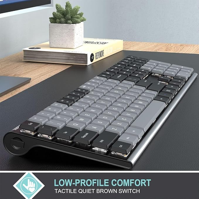 Arteck Mechanical 2.4G USB Wireless Performance Keyboard, Tacktile Quiet Brown Switches, Stainless Steel Low Profile for PC/Desktop/Laptop/TV and Windows 11/10 Built in Rechargeable Battery Black