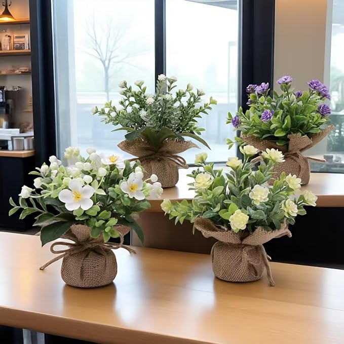 Artificial Flower Decoration mini Fake Plants Indoor Cute Small Faux Eucalyptus for House Home Living Room Bathroom Table Desk Office Hotel Spring Decor 4 Kinds of Flowers