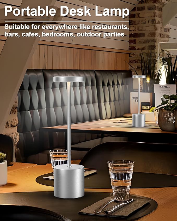 Cordless Table Lamp Set of 2, Rechargeable 5000mAh Battery Powered Outdoor Table Lamps(Silver)