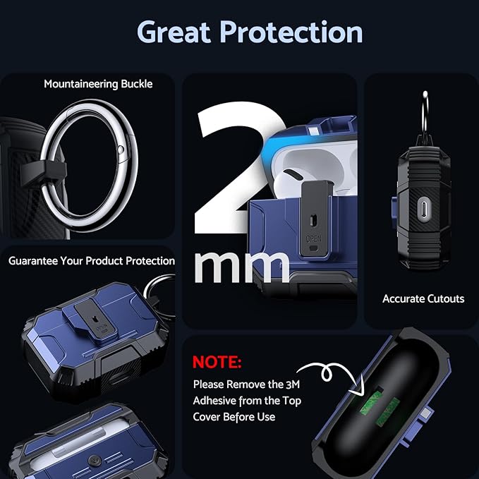 DASFOND Armor Earphone Cover Case for Airpods Pro, Military Grade Full Body Shockproof Protection Hard Case, Support Wireless Charging with Keychain, Magnetic Lid, Front LED Visible, Blue