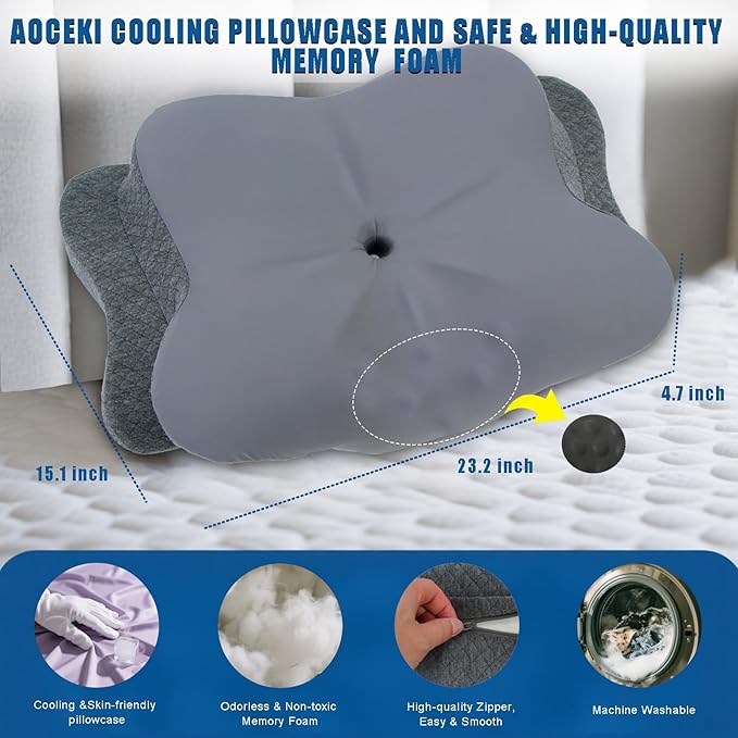 Memory Foam Pillows Cooling Cervical Pillow for Neck and Shoulder Pain Relief Ergonomic Contour Bed Pillow for Side Sleep Stomach Sleeping and Back Sleeper (Dark Grey, Queen-23.2''Lx15.1''Wx4.7''H)