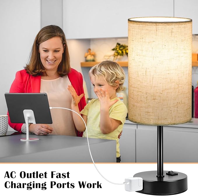 ZJOJO Table Lamp for Bedroom Set of 2, Bedside Small Lamps with 3 Way Dimmable Rocker Switch and AC Outlet, Nightstand Desk Lamp with Flaxen Fabric Shade Black Base for Living Room Home Decor Lights