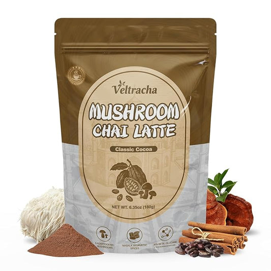 Veltracha Mushroom Chai Tea, Instant Chai Tea Powder with 6 Adaptogenic Mushrooms, Spiced Chai Latte for Energy & Focus Support, 6.35 oz 20 Servings (Classic Cocoa)