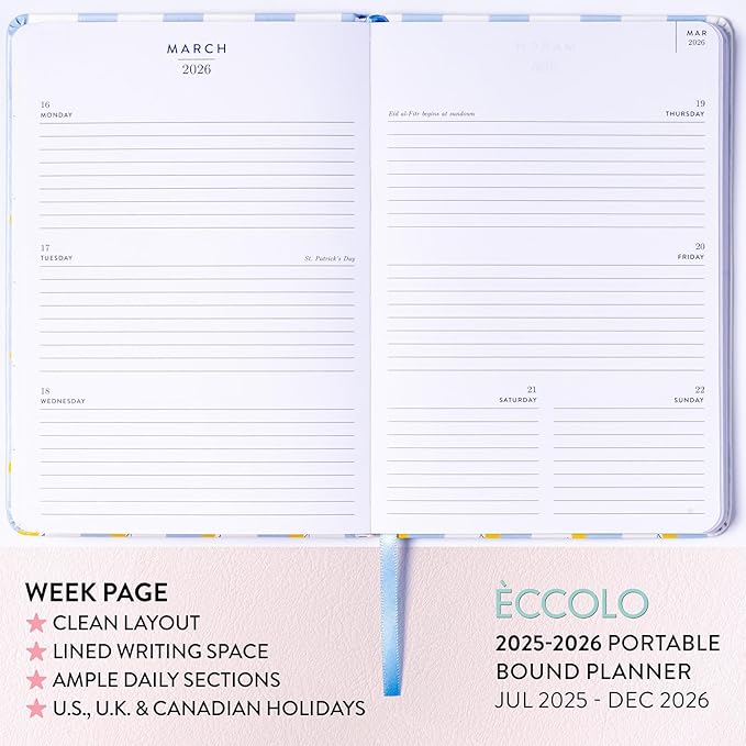 2025-2026 Eccolo 18 Month Bound Planner, Monthly & Weekly Pages (5.25 x 7.75" - July 2025 - Dec 2026 - Lemon Blue Stripes)