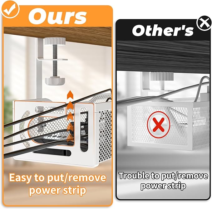 Under Desk Cable Management Tray, No Drill Steel Desk Cable Organizers, Wire Management Tray Cable Management Rack (24.4" Length-White)