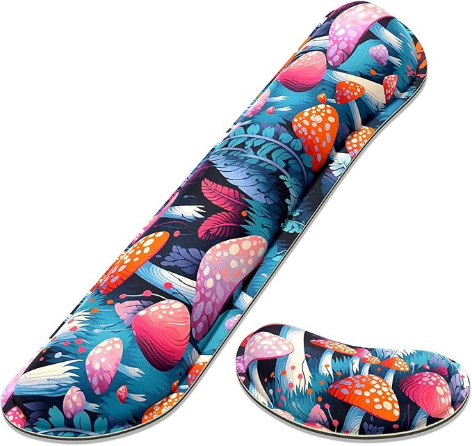 Dapesuom Enlarge Keyboard Wrist Rest, Memory Foam Wrist Cushion for Desk Mats Support, Boho Typing Pain Relief Keyboard Mouse Pad Rests Set with Non-Slip Base for Gaming Laptop Computer, Mushrooms